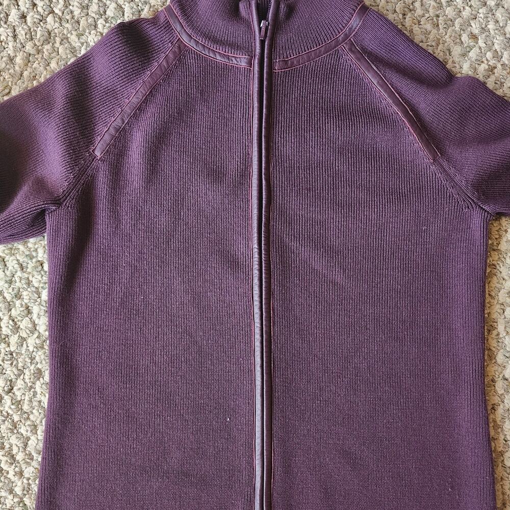 Pendleton Size Medium Merino Wool Leather Trim Full Zip Mock Neck Sweater - Picture 3 of 8